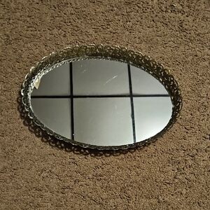 Vintage Gold Ormolu Filigree Oval Vanity Mirror Tray